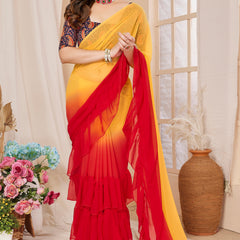 Red Orange Ruffle Georgette Saree