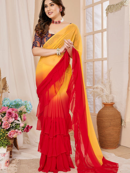 Red Orange Ruffle Georgette Saree