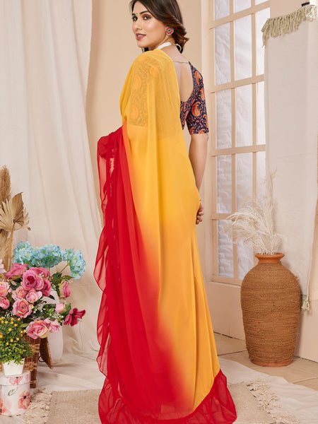 Red Orange Ruffle Georgette Saree