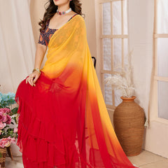 Red Orange Ruffle Georgette Saree