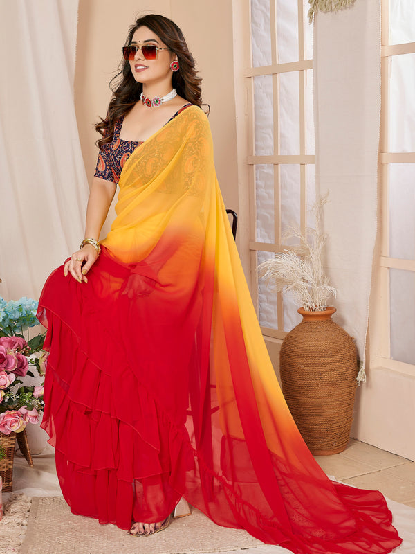 Red Orange Ruffle Georgette Saree