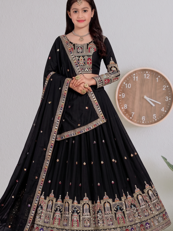 Embroidered Party Wear Semi-Stitched  Lehenga Choli Set (Black)