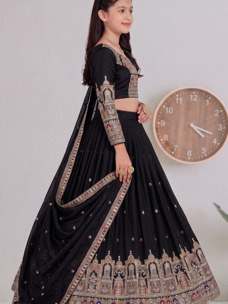 Embroidered Party Wear Semi-Stitched  Lehenga Choli Set (Black)