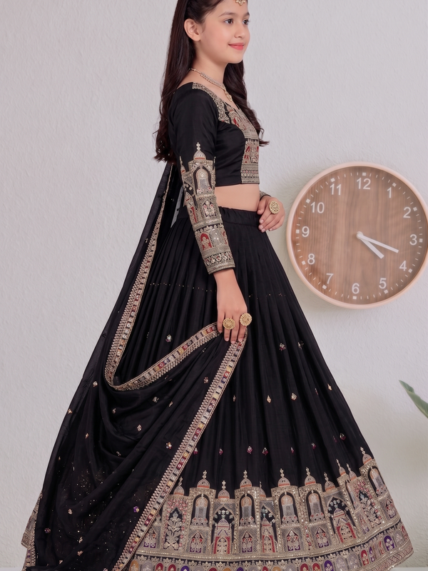 Embroidered Party Wear Semi-Stitched  Lehenga Choli Set (Black)