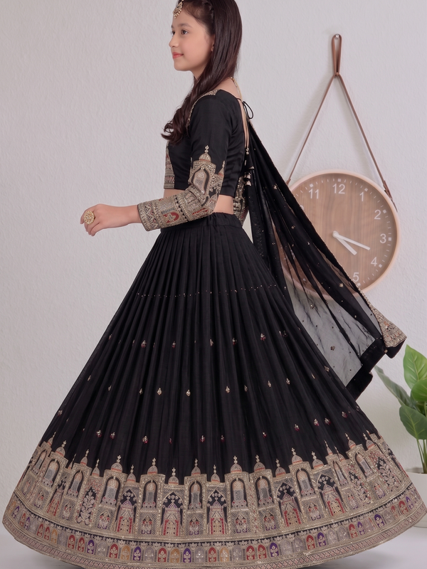 Embroidered Party Wear Semi-Stitched  Lehenga Choli Set (Black)