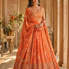 Embroidered Semi Stitched Satin Blend Lehenga (Orange)