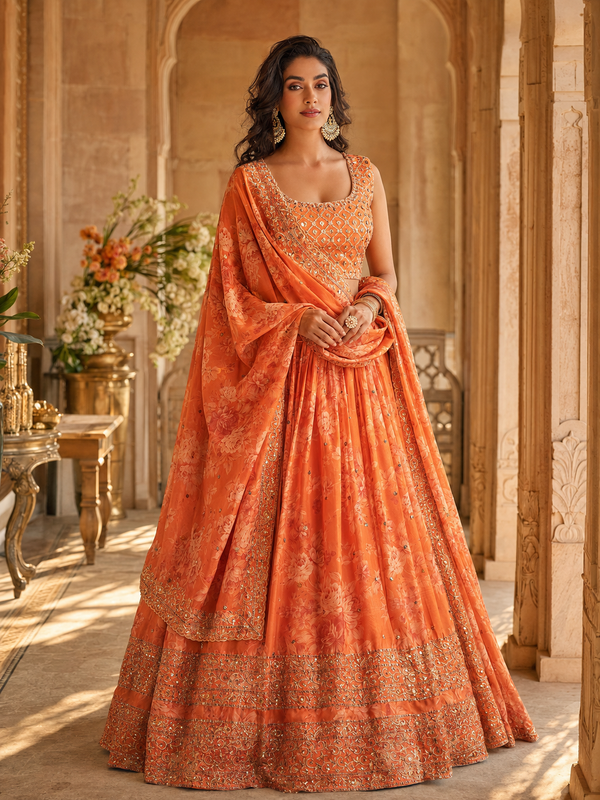 Embroidered Semi Stitched Satin Blend Lehenga (Orange)