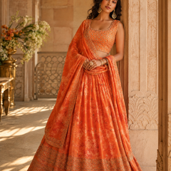 Embroidered Semi Stitched Satin Blend Lehenga (Orange)