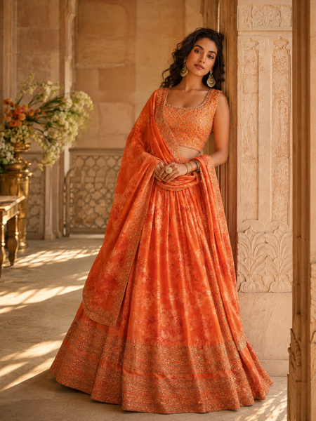 Embroidered Semi Stitched Satin Blend Lehenga (Orange)