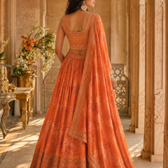 Embroidered Semi Stitched Satin Blend Lehenga (Orange)