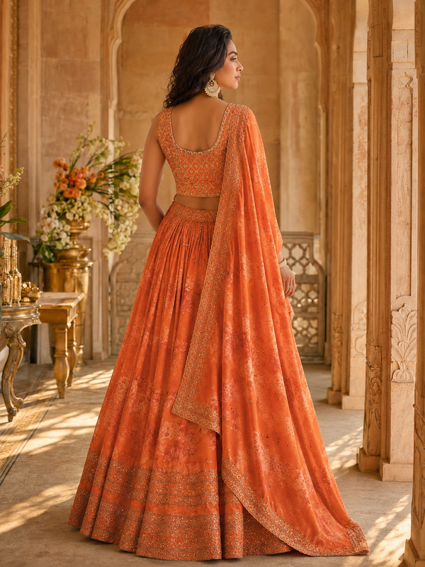 Embroidered Semi Stitched Satin Blend Lehenga (Orange)