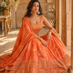 Embroidered Semi Stitched Satin Blend Lehenga (Orange)