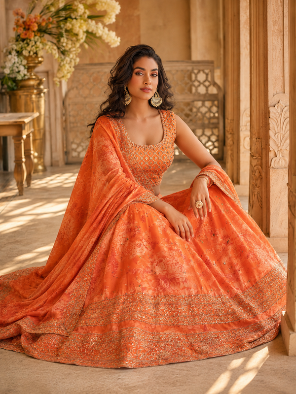 Embroidered Semi Stitched Satin Blend Lehenga (Orange)