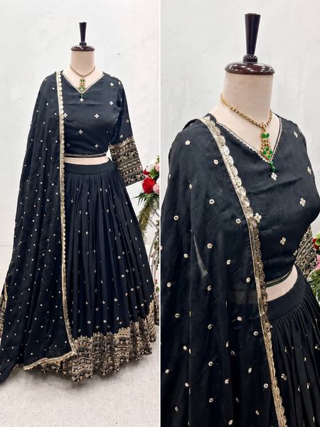 Embroidered Semi Stitched Lehenga Choli (Black)