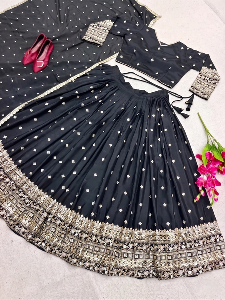 Embroidered Semi Stitched Lehenga Choli (Black)