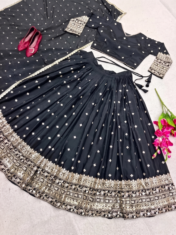 Embroidered Semi Stitched Lehenga Choli (Black)