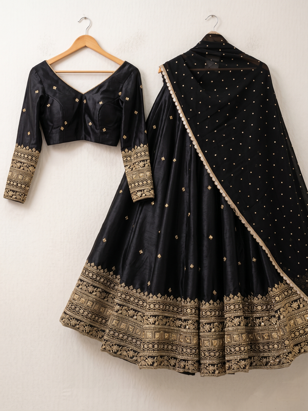 Embroidered Semi Stitched Lehenga Choli (Black)