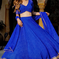 Leheriya Semi Stitched Lehenga & Crop Top (Blue)