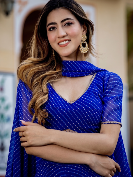 Leheriya Semi Stitched Lehenga & Crop Top (Blue)