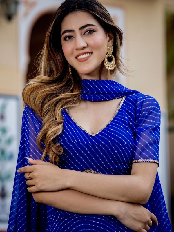 Leheriya Semi Stitched Lehenga & Crop Top (Blue)