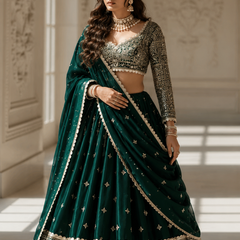 Embroidered Semi Stitched Lehenga Choli (Dark Green)