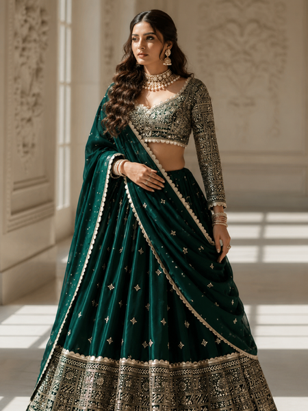 Embroidered Semi Stitched Lehenga Choli (Dark Green)