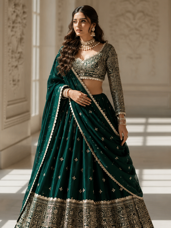 Embroidered Semi Stitched Lehenga Choli (Dark Green)