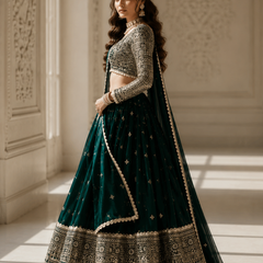 Embroidered Semi Stitched Lehenga Choli (Dark Green)