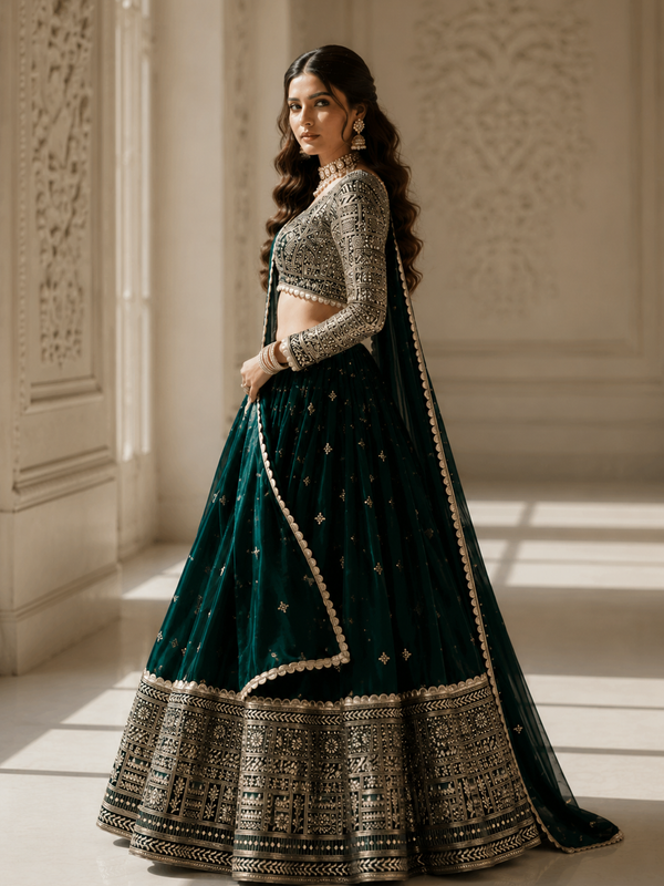Embroidered Semi Stitched Lehenga Choli (Dark Green)