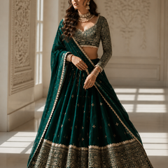 Embroidered Semi Stitched Lehenga Choli (Dark Green)