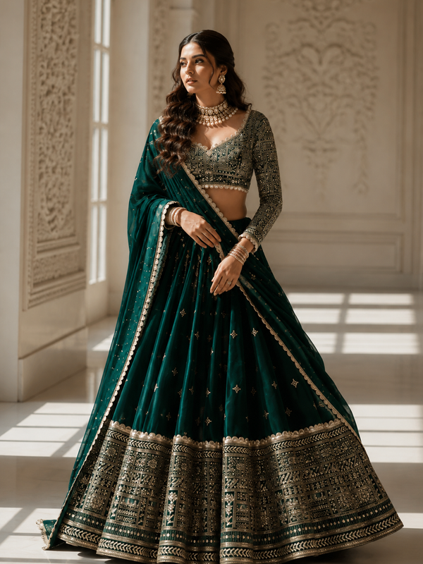 Embroidered Semi Stitched Lehenga Choli (Dark Green)