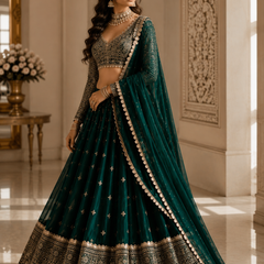 Embroidered Semi Stitched Lehenga Choli (Dark Green)