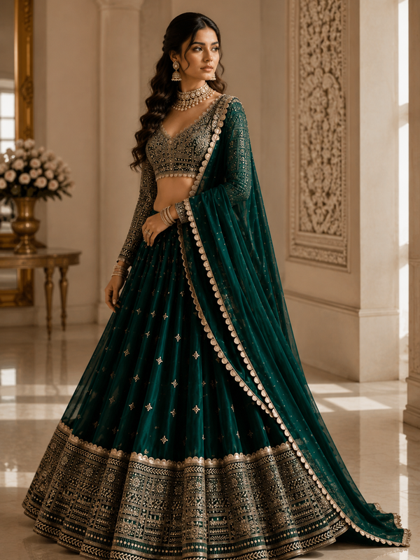 Embroidered Semi Stitched Lehenga Choli (Dark Green)