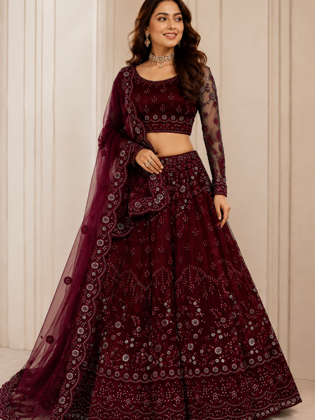 Embroidered Semi Stitched Lehenga Choli (Maroon)