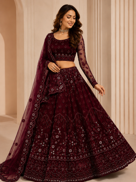 Embroidered Semi Stitched Lehenga Choli (Maroon)