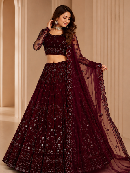 Embroidered Semi Stitched Lehenga Choli (Maroon)