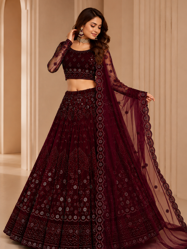 Embroidered Semi Stitched Lehenga Choli (Maroon)