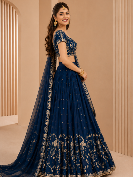 Embroidered Semi Stitched Lehenga Choli (Blue)