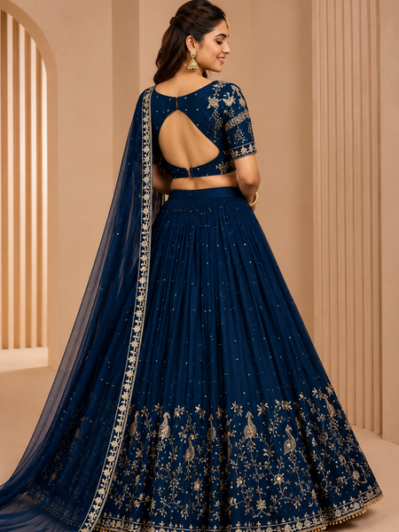 Embroidered Semi Stitched Lehenga Choli (Blue)