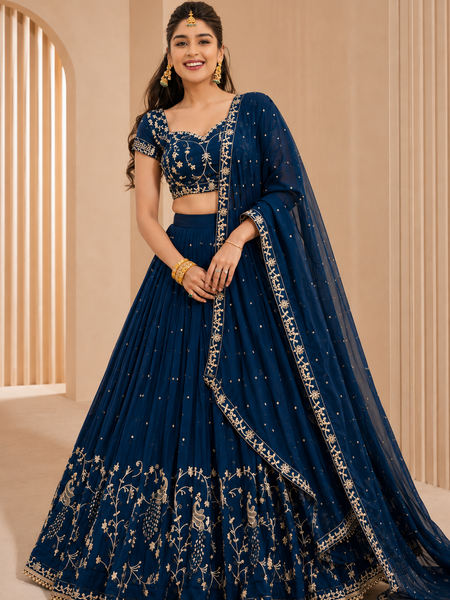 Embroidered Semi Stitched Lehenga Choli (Blue)