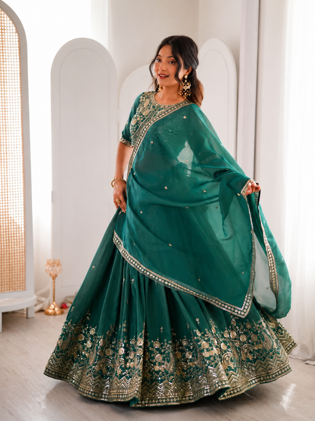 Embroidered Semi Stitched Lehenga Choli (Teal Green)