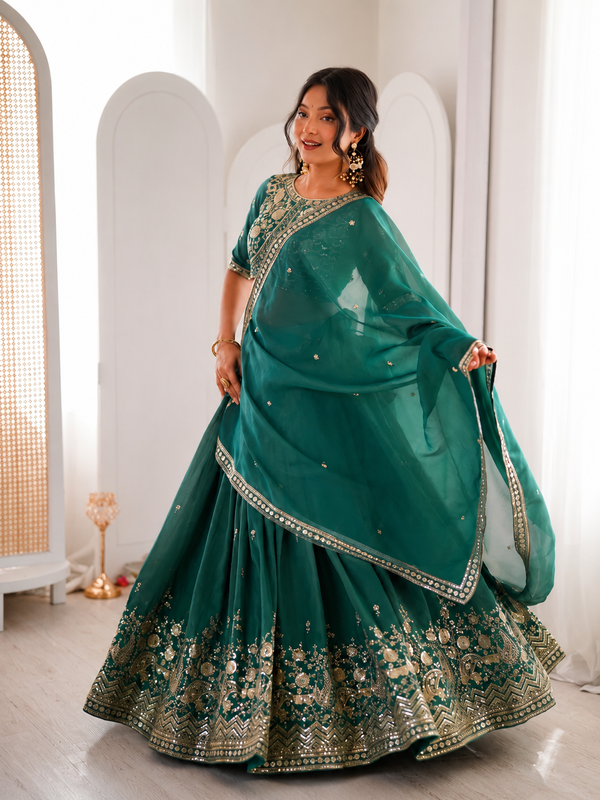 Embroidered Semi Stitched Lehenga Choli (Teal Green)