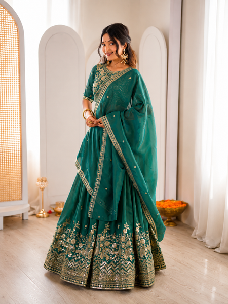 Embroidered Semi Stitched Lehenga Choli (Teal Green)
