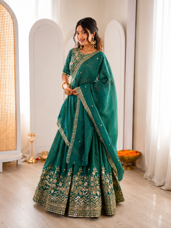 Embroidered Semi Stitched Lehenga Choli (Teal Green)