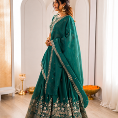 Embroidered Semi Stitched Lehenga Choli (Teal Green)