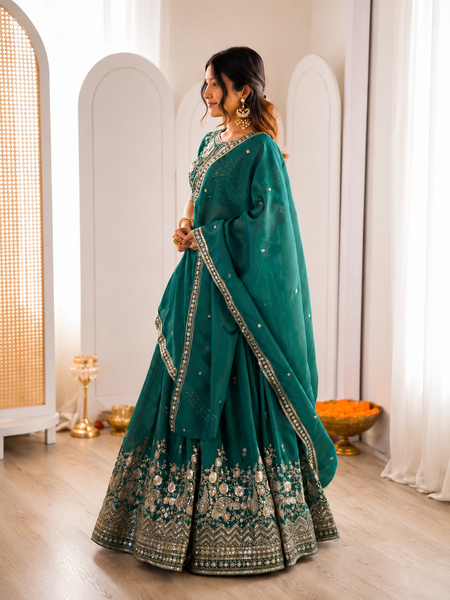 Embroidered Semi Stitched Lehenga Choli (Teal Green)