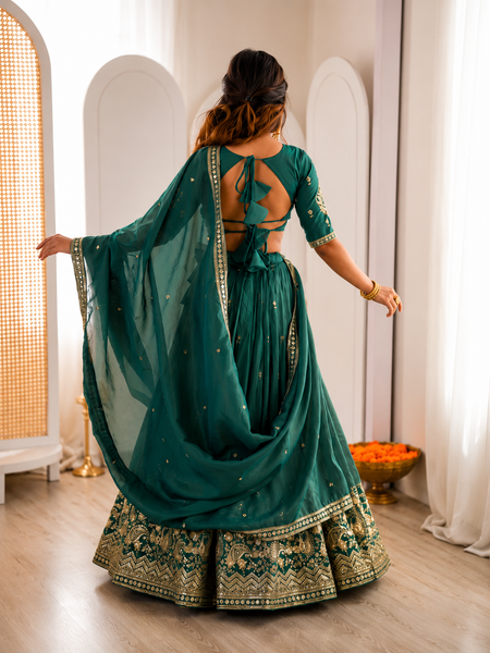 Embroidered Semi Stitched Lehenga Choli (Teal Green)
