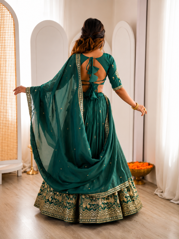 Embroidered Semi Stitched Lehenga Choli (Teal Green)