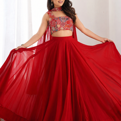Yellow Women's Embellished Georgette Stitched Lehenga Choli with Dupatta