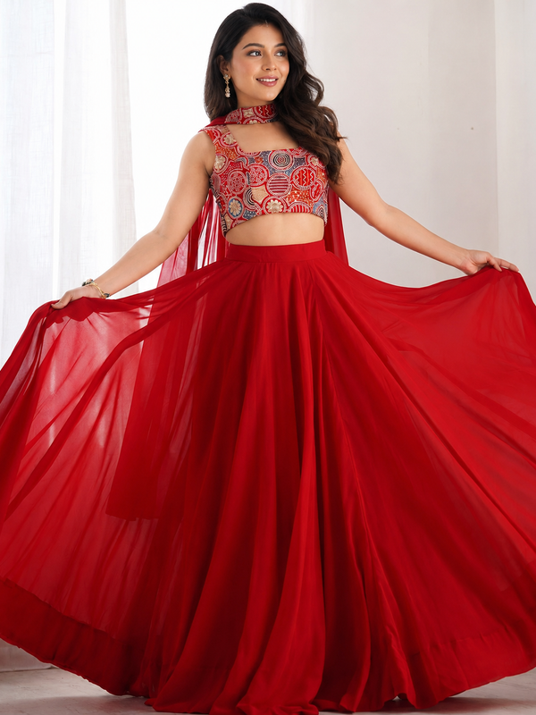 Yellow Women's Embellished Georgette Stitched Lehenga Choli with Dupatta